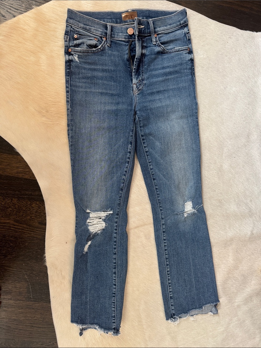 MOTHER Straight-Leg Distressed Jeans in Medium Blue